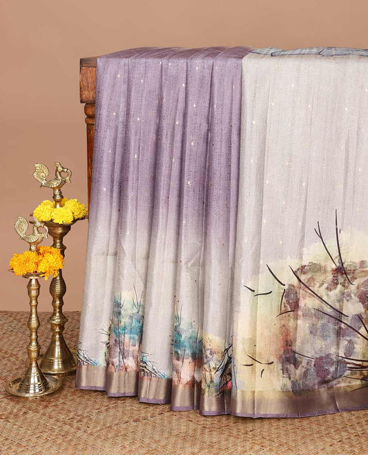 Grey digital cultural print, zari butta fancy tussar saree with bhavanji border & tissue pallu along with plain blouse