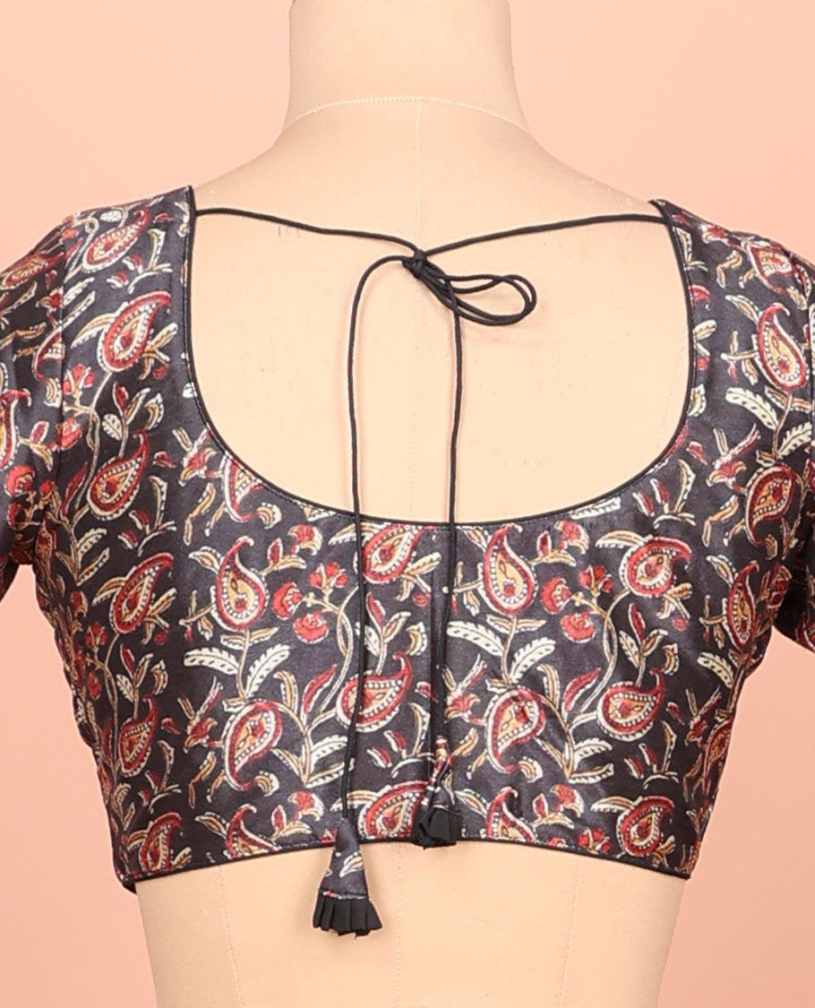 Black paisleys printed front-back round-neck elbow sleeve readymade blouse