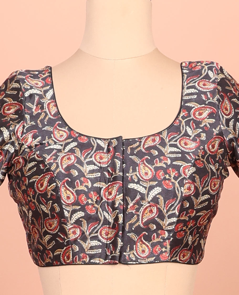 Black paisleys printed front-back round-neck elbow sleeve readymade blouse