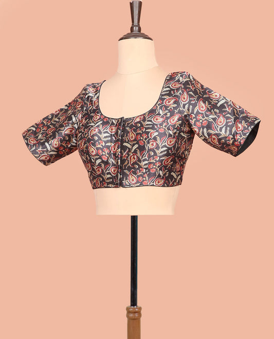 Black paisleys printed front-back round-neck elbow sleeve readymade blouse