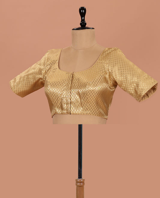 Gold leaf design front-back round neck elbow-sleeve readymade blouse