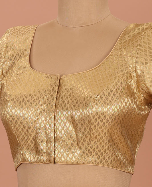 Gold leaf design front-back round neck elbow-sleeve readymade blouse