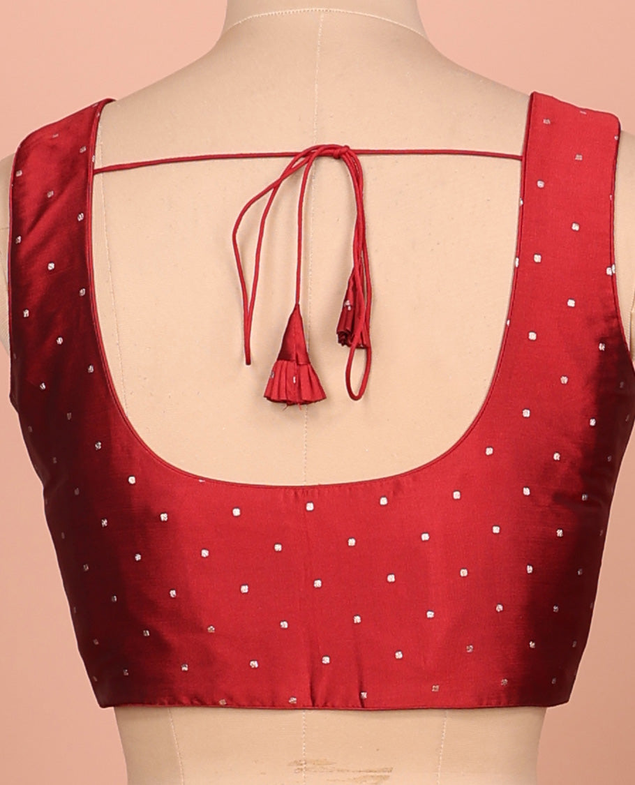 Maroon glitter dotted front and back round necked sleeveless readymade blouse