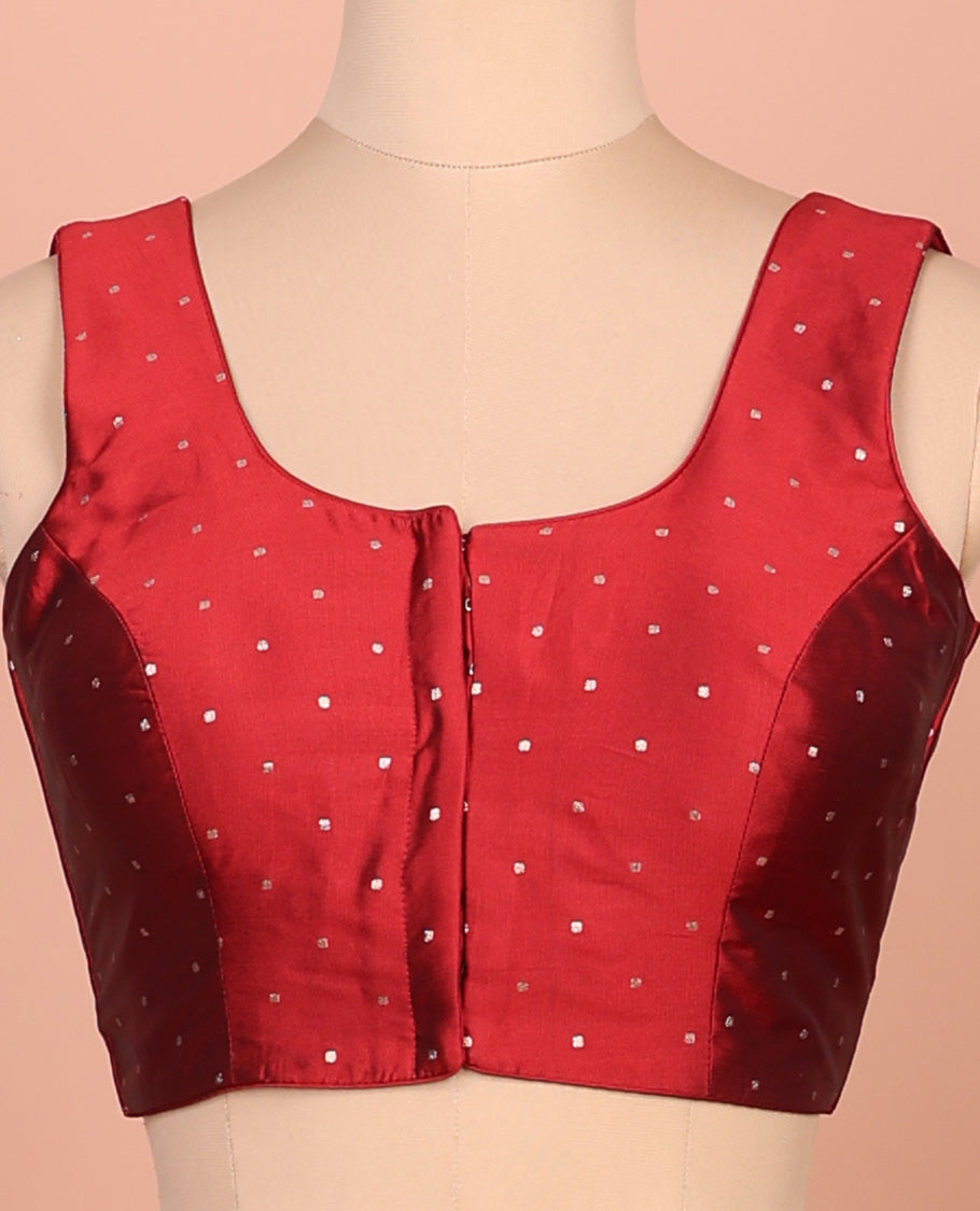 Maroon glitter dotted front and back round necked sleeveless readymade blouse