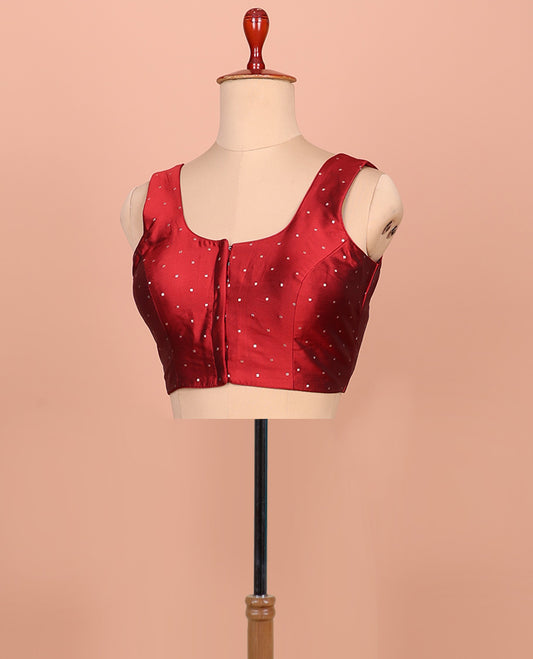 Maroon glitter dotted front and back round necked sleeveless readymade blouse