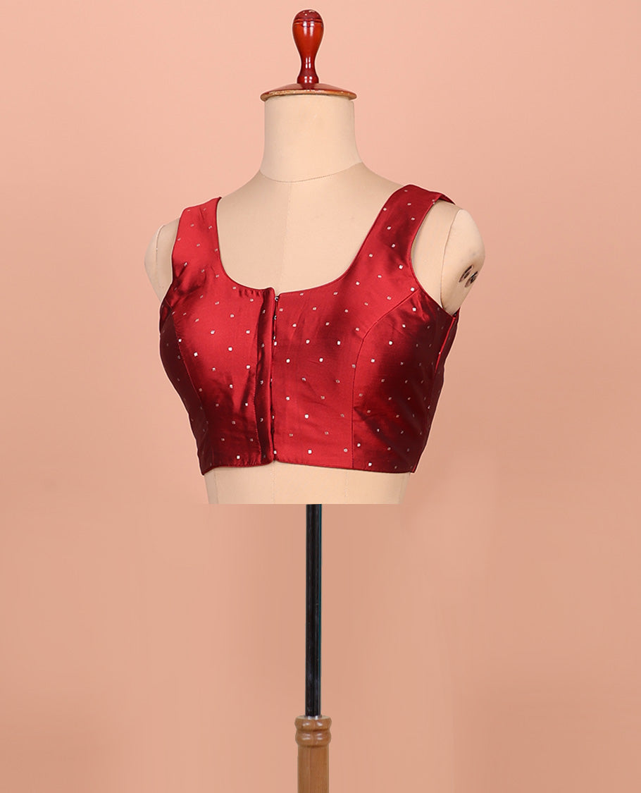 Maroon glitter dotted front and back round necked sleeveless readymade blouse