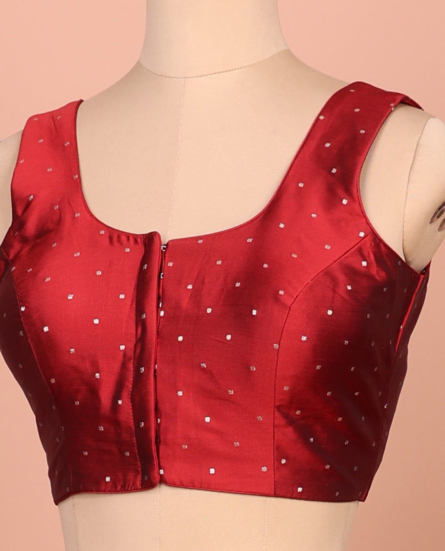 Maroon glitter dotted front and back round necked sleeveless readymade blouse