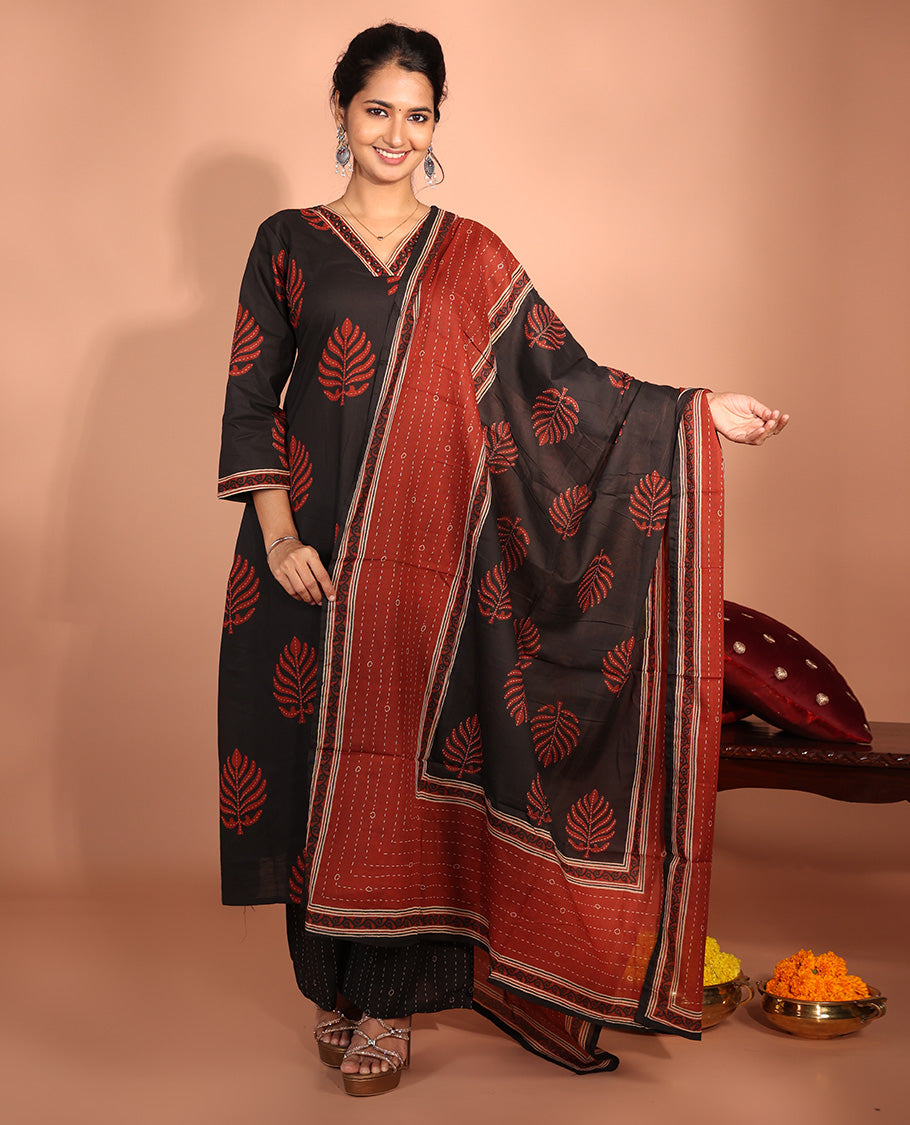 Black Cotton Readymade Suit