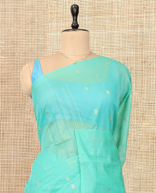 Borderless Turquoise Silk Cotton Saree, Steeped with Zari Stripes and Buttas, Diagonally Striped Pallu, and a Matching Blouse