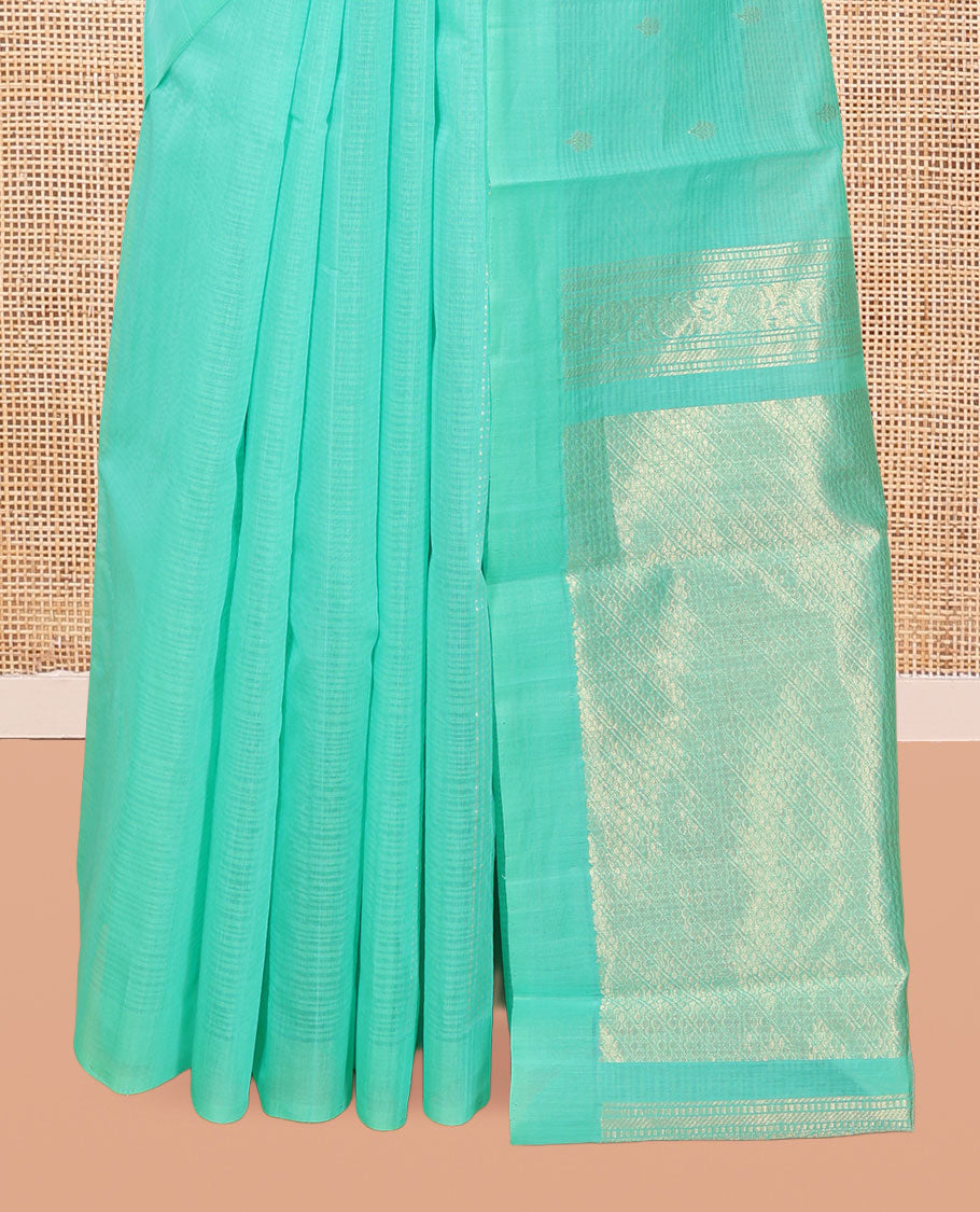 Borderless Turquoise Silk Cotton Saree, Steeped with Zari Stripes and Buttas, Diagonally Striped Pallu, and a Matching Blouse