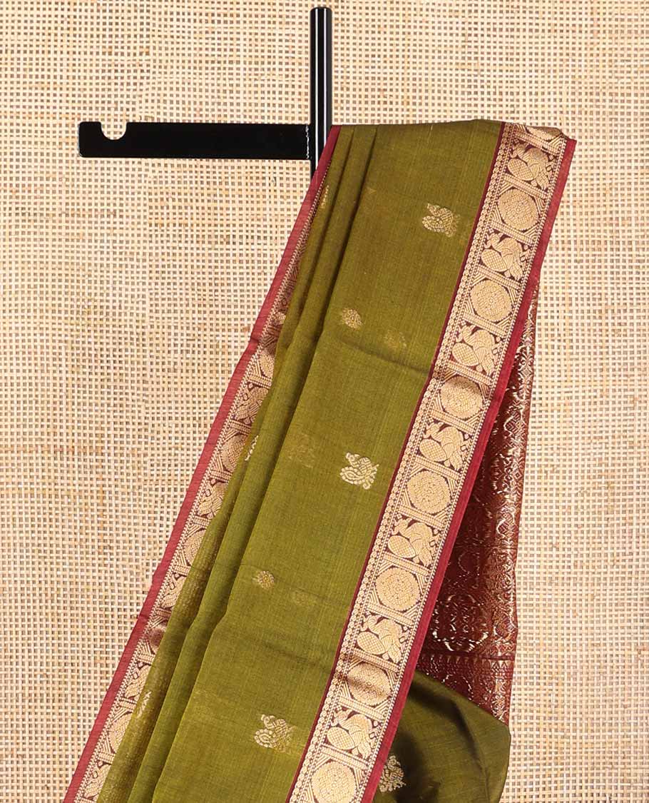 Green motifs silk cotton saree with intricate zari design border & floral design pallu