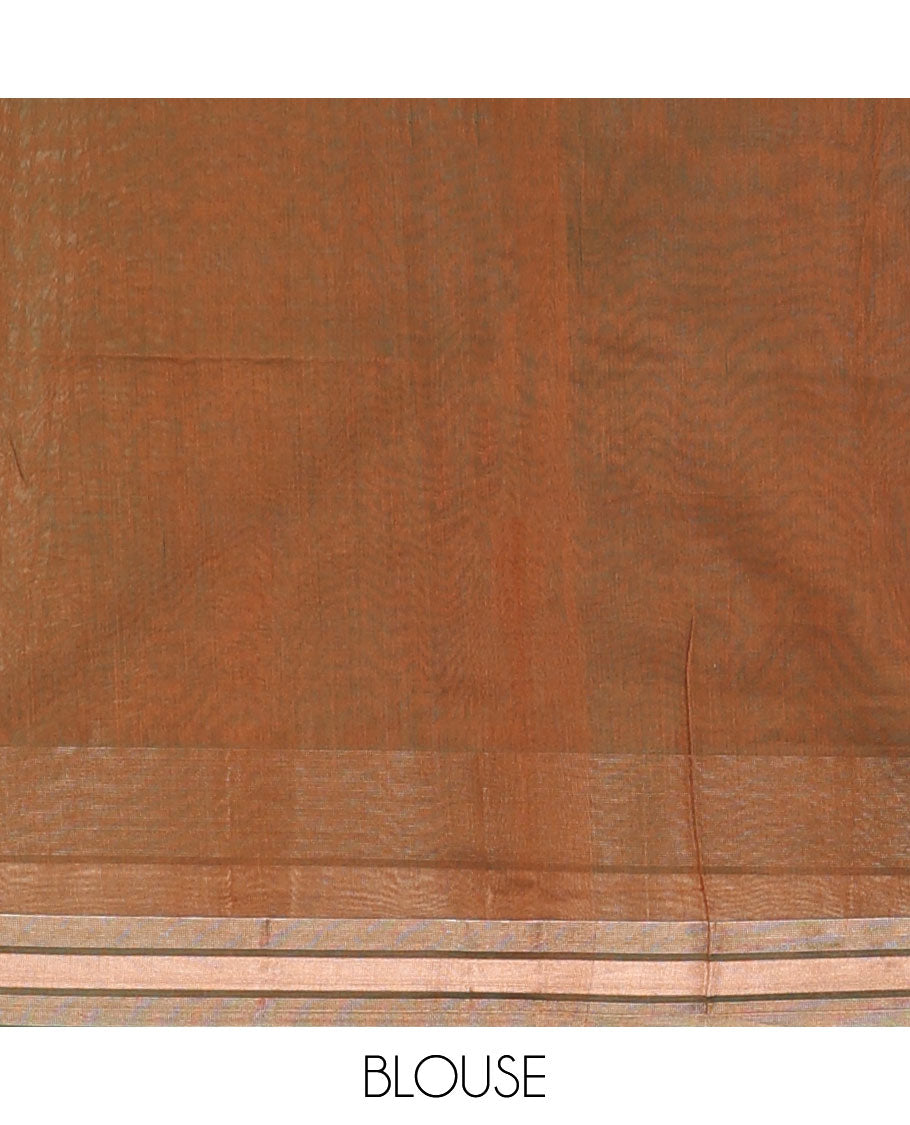 Rust plain silk cotton saree, contrast zari border, and plain pallu