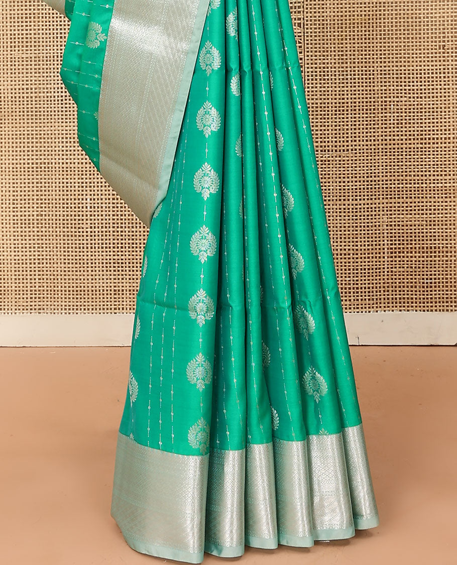 Green zari design soft silk saree, contrast traditional zari design border, and jaal design pallu