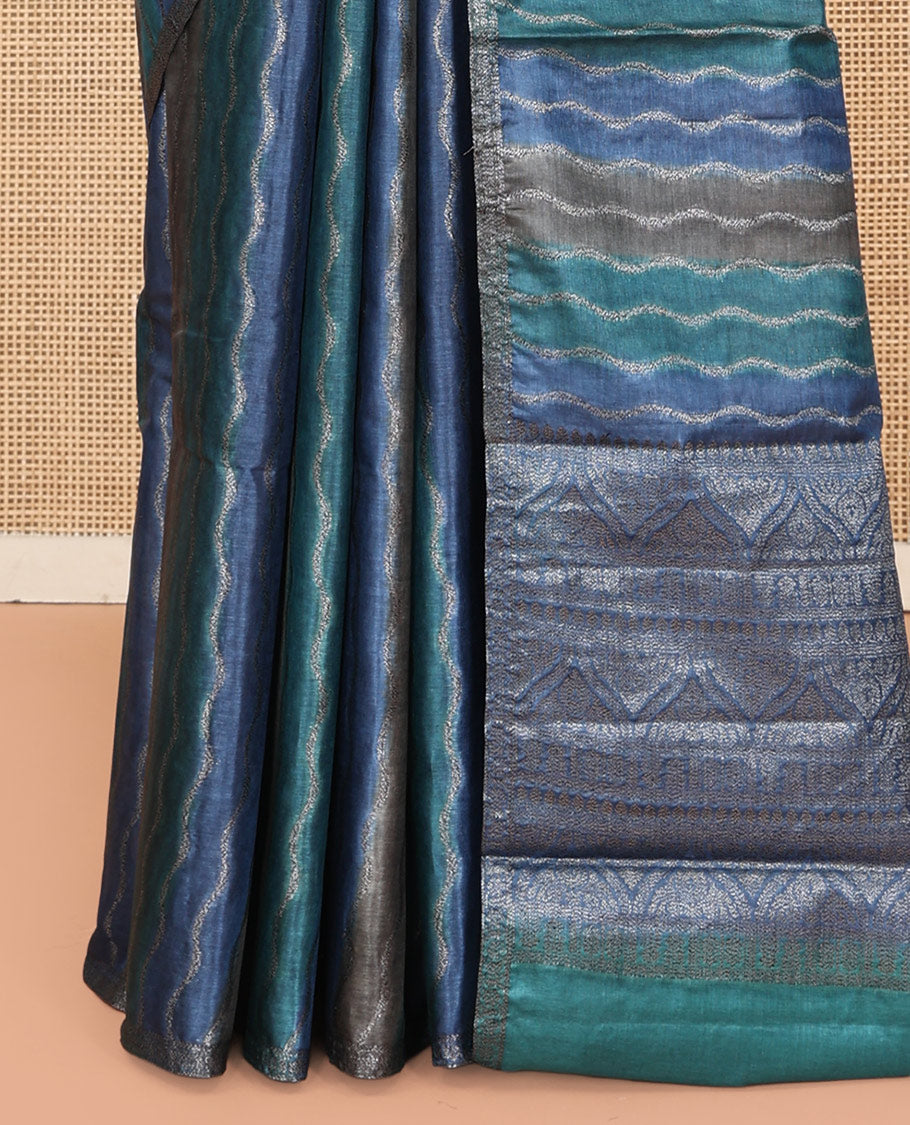 Multi-Color Tussar Silk Saree Features Rankat-Style Diagonal Zari Stripes, Piping Border, Geometric Pallu, and a Matching Blouse