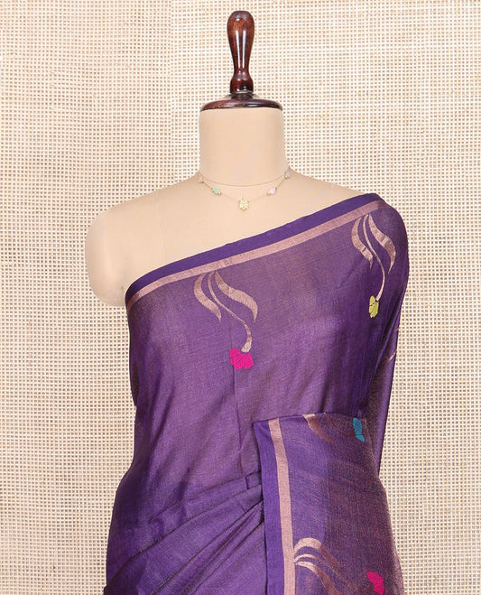 Violet Tussar Silk Saree, Mesmerized with Meena Floral Buttas All Over Its Body, Subtle Piping Border, Pallu of Meena Floral Designs, and Paired with a Matching Blouse