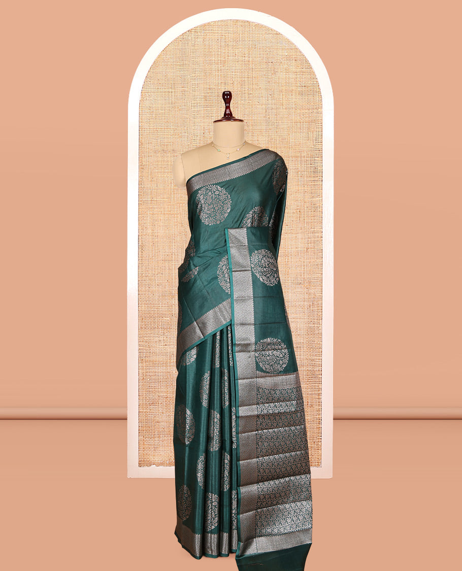 Green Tusser Silk Saree, Embellished with Zari Buttas, a Zari Border, Intricate Pallu, and a Matching Blouse