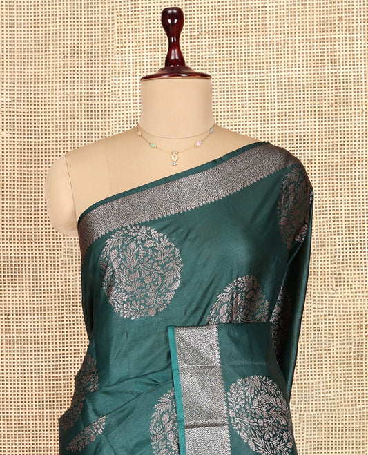 Green Tusser Silk Saree, Embellished with Zari Buttas, a Zari Border, Intricate Pallu, and a Matching Blouse