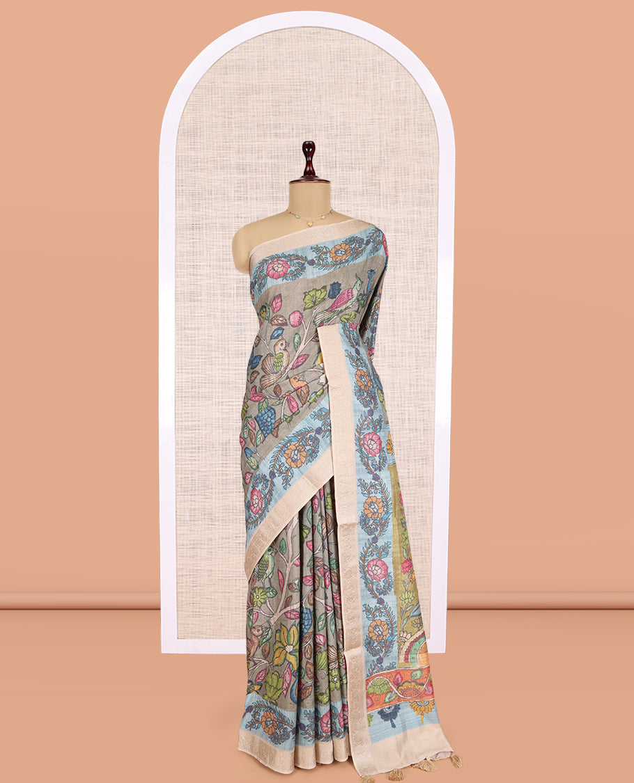 Grey Kalamkari Printed Fancy Tussar Saree