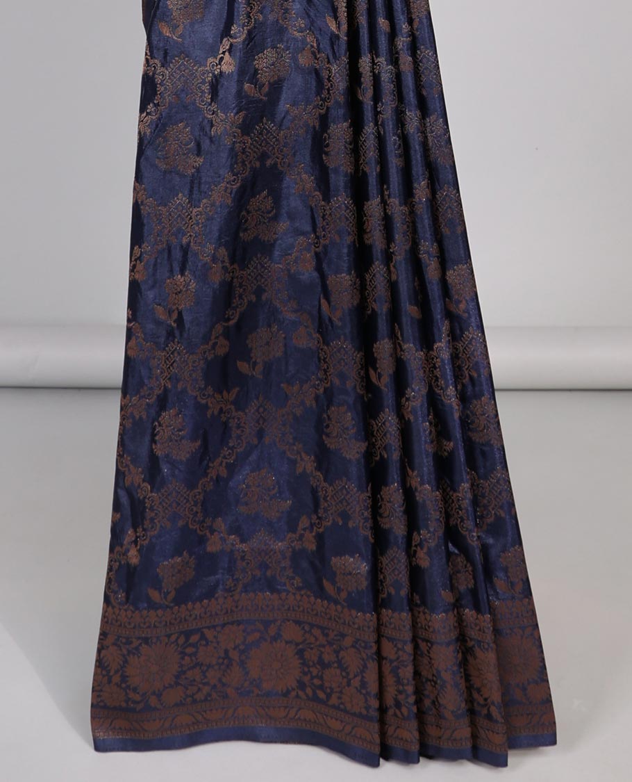 Blue argyle enclosed with motifs semi- banaras tussar saree, self zari design border & zari jaal design pallu