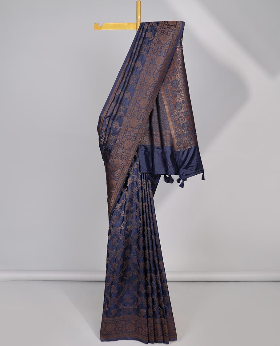 Blue argyle enclosed with motifs semi- banaras tussar saree, self zari design border & zari jaal design pallu
