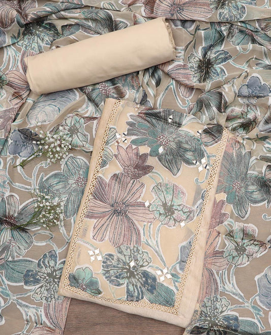 Cream material chudidar set, floral patch embroidered with mirror work top, plain bottom and floral printed dupatta