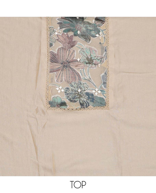 Cream material chudidar set, floral patch embroidered with mirror work top, plain bottom and floral printed dupatta