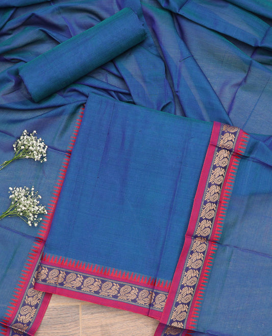 ink blue temple, peacock design chudidhar material top with plain bottom & plain, zari design border dupatta