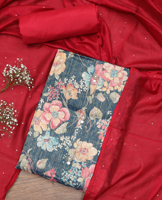 Blue material chudidar set, five petal floral vine printed top, contrast plain bottom and sequins striped dupatta