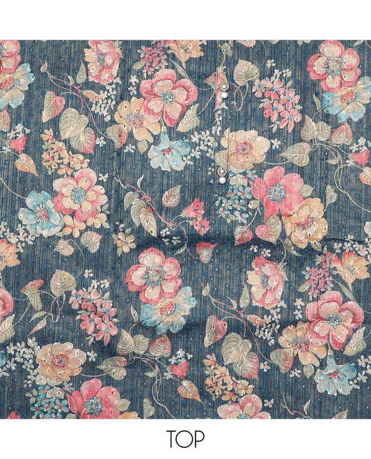 Blue material chudidar set, five petal floral vine printed top, contrast plain bottom and sequins striped dupatta