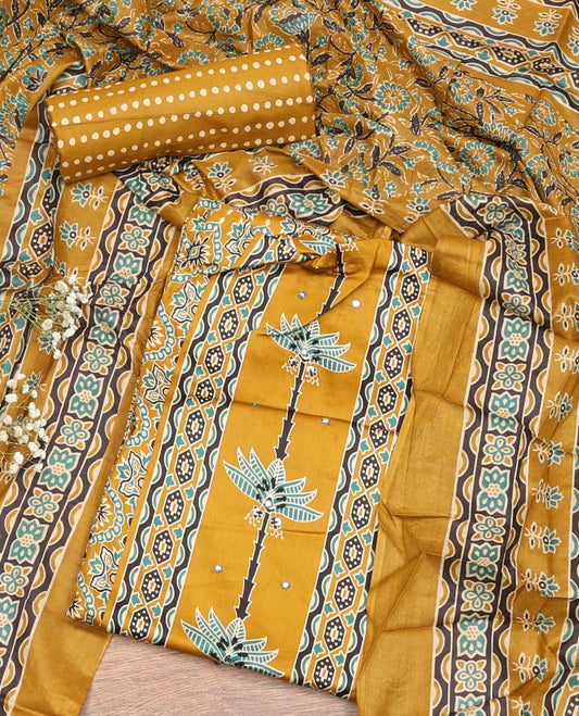 Yellow Material Chudidar Set, Artfully Detailed with Ajrakh Printed Cotton Top, Complemented by Printed Cotton  Bottom, and Paired with Floral Printed Cotton Dupatta