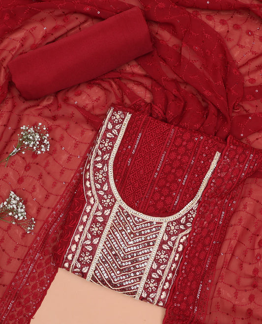 Red chudidhar material set , floral bead, sequins work top, plain bottom & floral sequins with scallop border dupatta