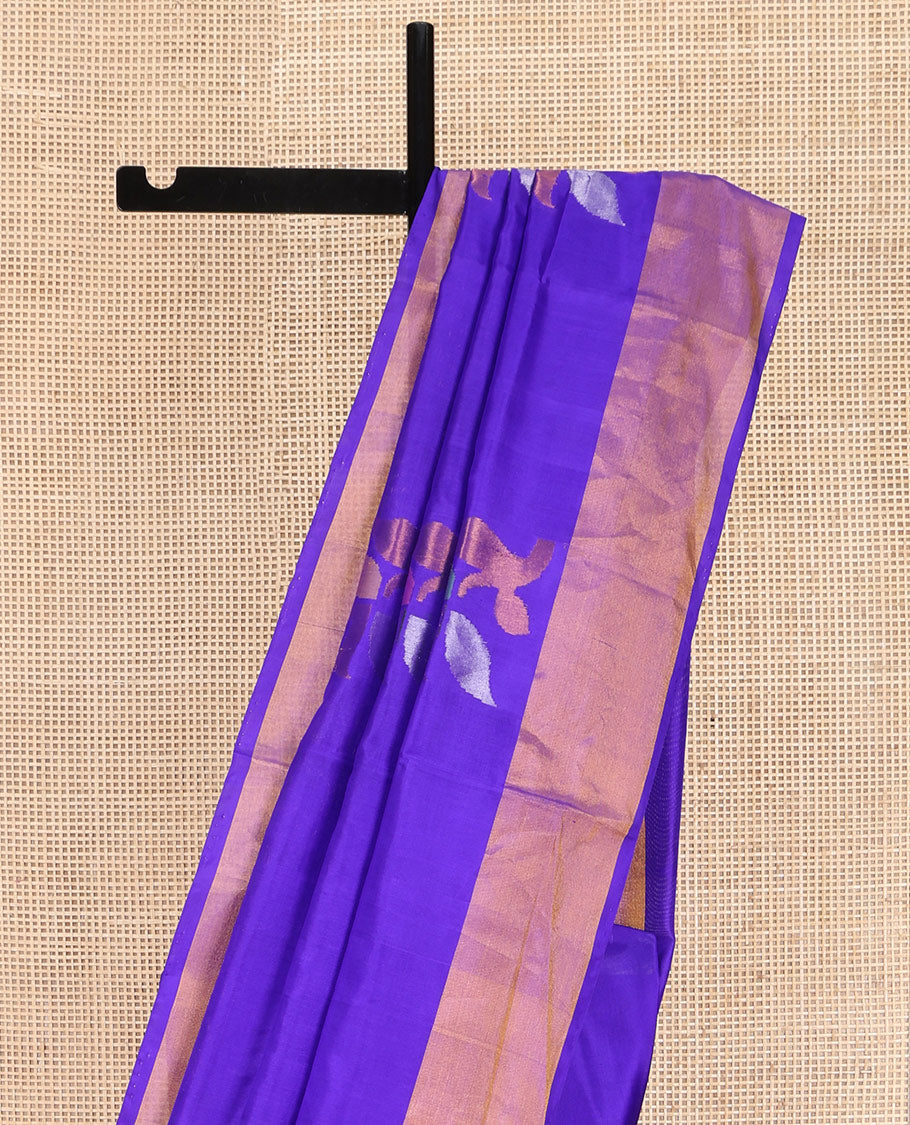 Violet Uppada Silk Saree, Adorned with Meena Floral Buttas on Its Body, Highlighted by Zari Bavanji Border, Pallu Steeped with Meena Floral Buttas, and Paired with a Matching Blouse