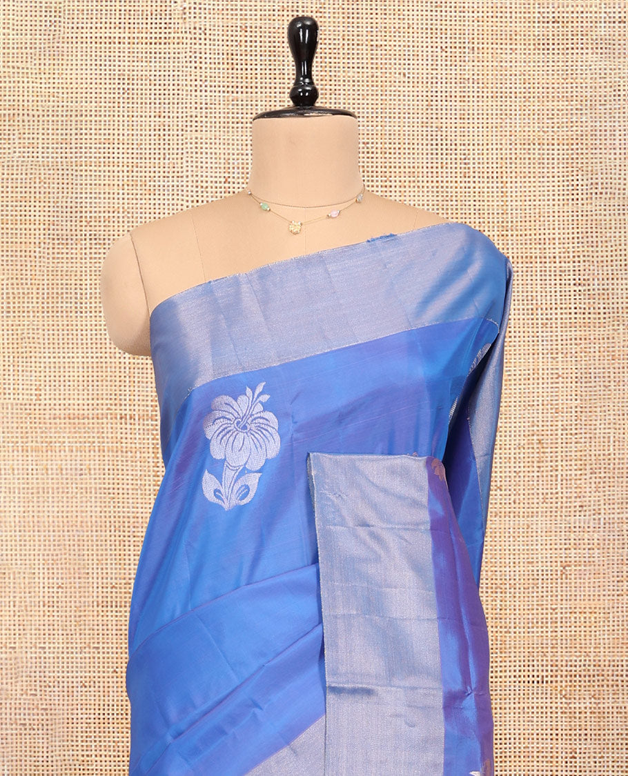 Blue Uppada Saree, Adorned with Hibiscus Floral Buttas, a Bavanji Border, Contrast Intricate Pallu, and a Contrast Blouse
