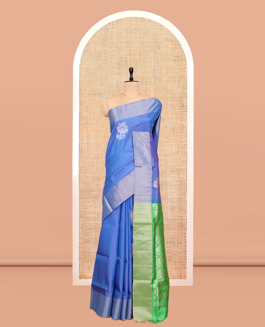 Blue Uppada Saree, Adorned with Hibiscus Floral Buttas, a Bavanji Border, Contrast Intricate Pallu, and a Contrast Blouse