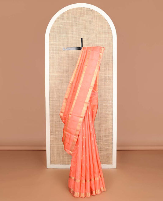 Peach zari buttas Vasundhara silk mix saree, traditional design rettai pettu zari border & jaal pallu