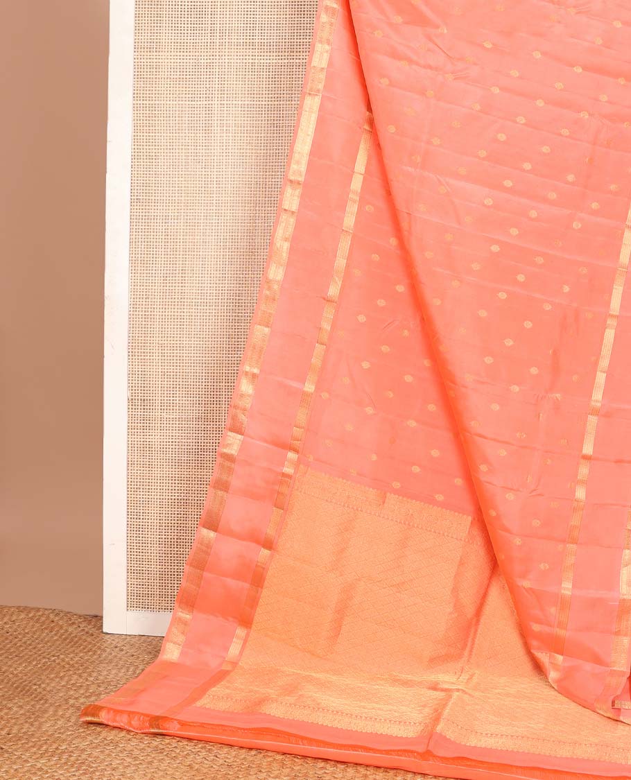 Peach zari buttas Vasundhara silk mix saree, traditional design rettai pettu zari border & jaal pallu