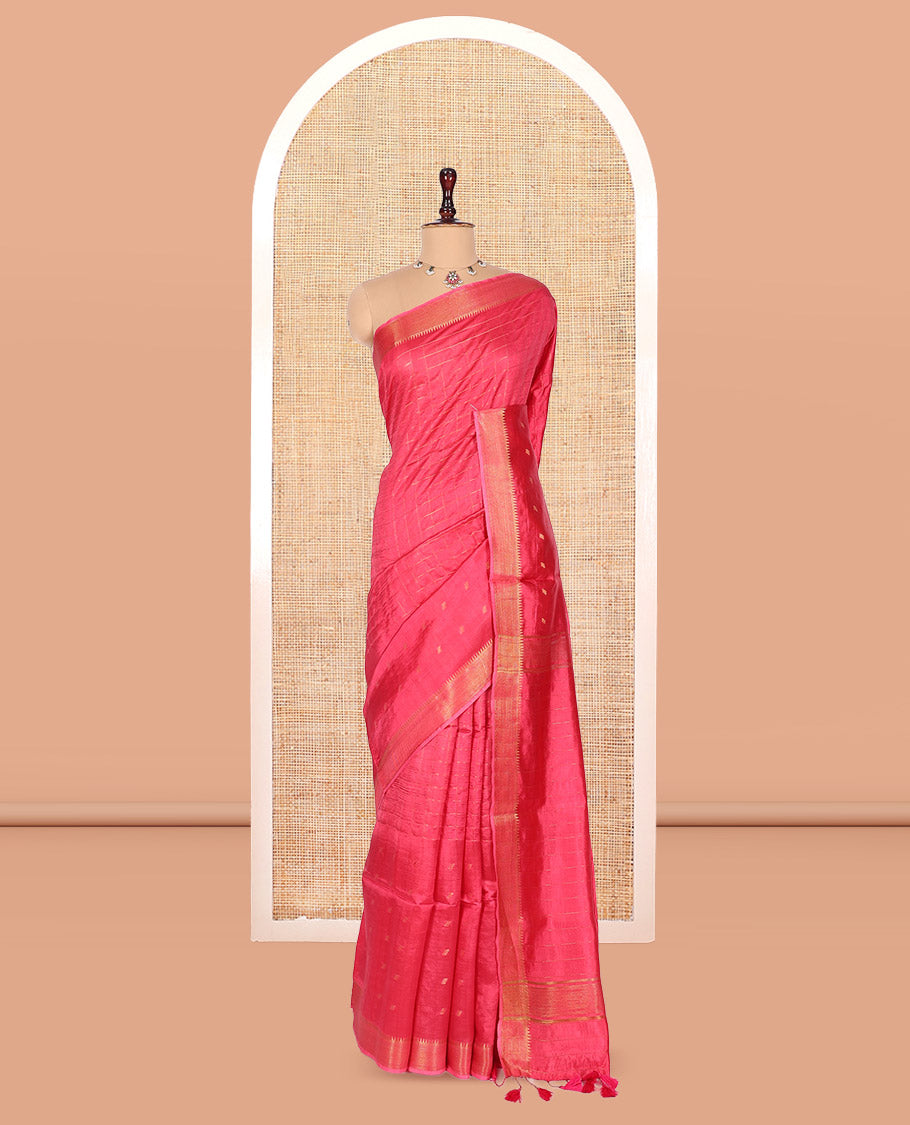 Pink Banana Pith Saree, Gleamed Up with Checks and Buttas, a Zari Temple Border, Striped Pallu, and Matching Blouse