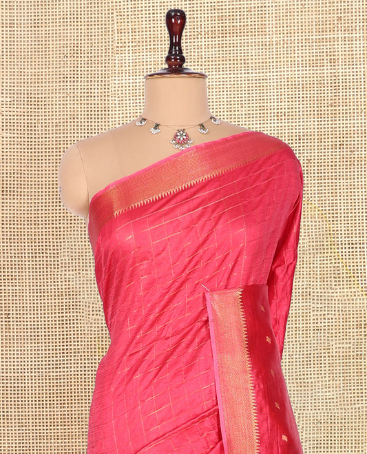 Pink Banana Pith Saree, Gleamed Up with Checks and Buttas, a Zari Temple Border, Striped Pallu, and Matching Blouse