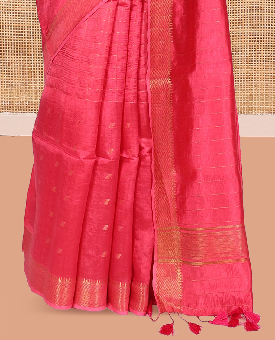 Pink Banana Pith Saree, Gleamed Up with Checks and Buttas, a Zari Temple Border, Striped Pallu, and Matching Blouse