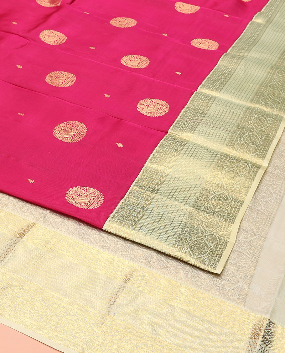 Pink Vasundhara Lite-Silk Mix Saree, Accentuated with Round Mayil Buttas, Complemented by a Contrast Border of Thilakam, Paisa, Lavangam, Kathir, Banaras, Muthu, and Laddu Kamalam Designs, Grand Pallu of Jaal Design, and Paired with a Contrast Blouse