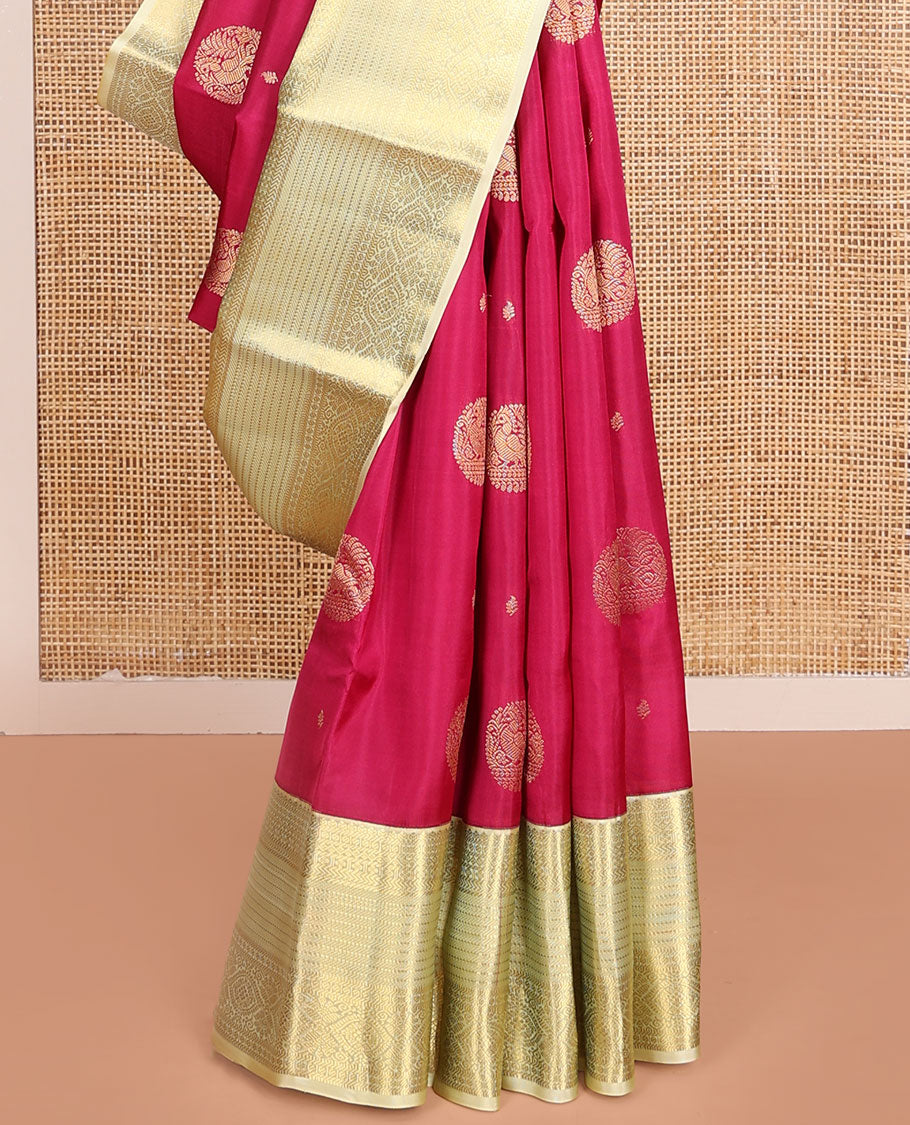 Pink Vasundhara Lite-Silk Mix Saree, Accentuated with Round Mayil Buttas, Complemented by a Contrast Border of Thilakam, Paisa, Lavangam, Kathir, Banaras, Muthu, and Laddu Kamalam Designs, Grand Pallu of Jaal Design, and Paired with a Contrast Blouse