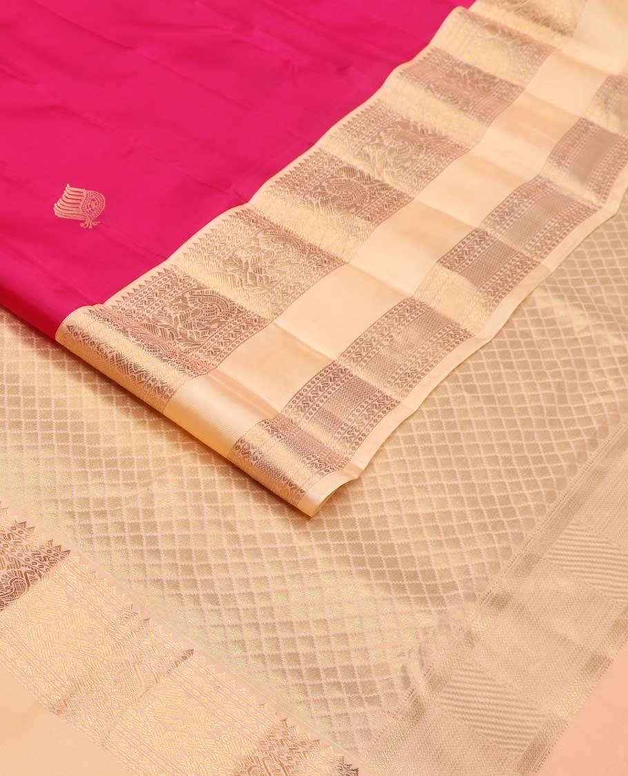 Red zari buttas Vasundhara silk mix saree, contrast border of rekku, cross neli, and mayil designs, and jaal pallu