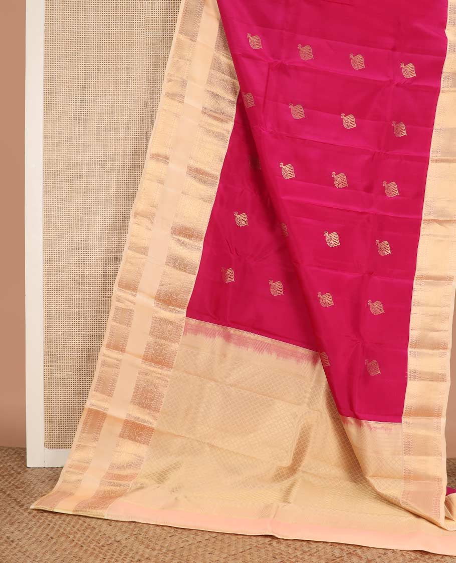 Red zari buttas Vasundhara silk mix saree, contrast border of rekku, cross neli, and mayil designs, and jaal pallu
