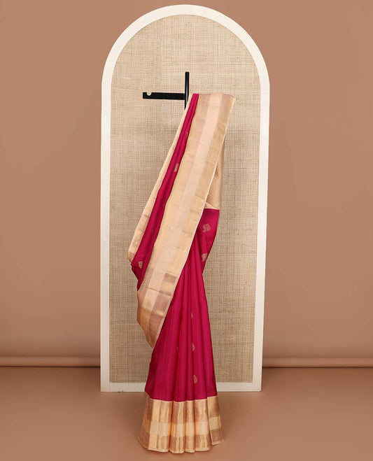 Red zari buttas Vasundhara silk mix saree, contrast border of rekku, cross neli, and mayil designs, and jaal pallu