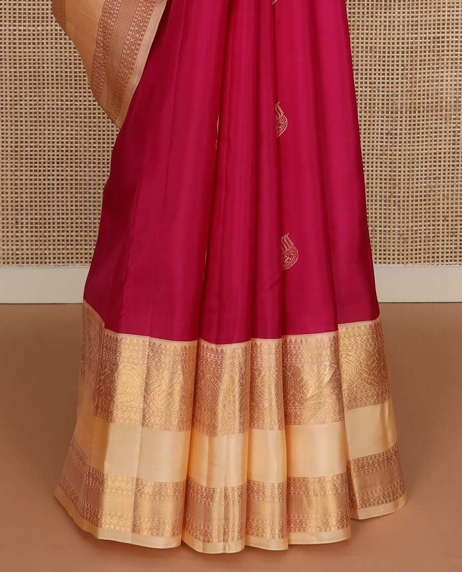 Red zari buttas Vasundhara silk mix saree, contrast border of rekku, cross neli, and mayil designs, and jaal pallu