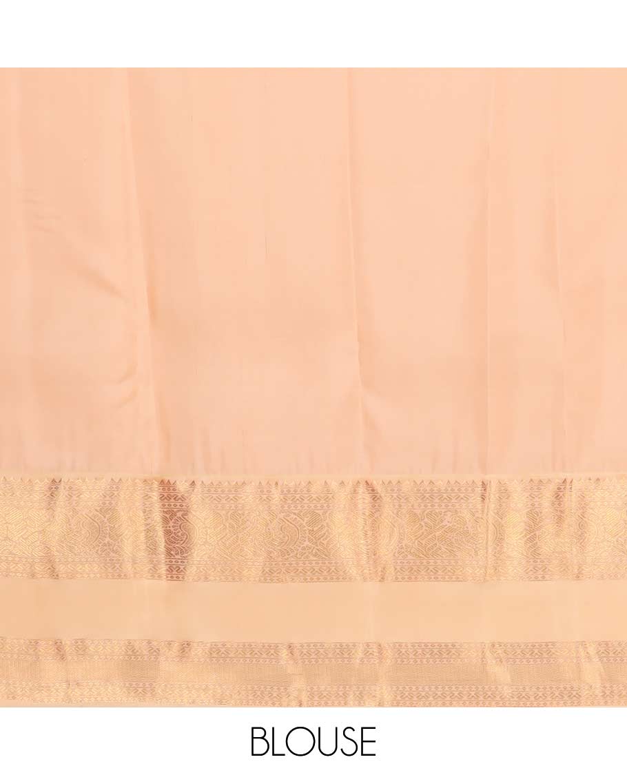 Red zari buttas Vasundhara silk mix saree, contrast border of rekku, cross neli, and mayil designs, and jaal pallu