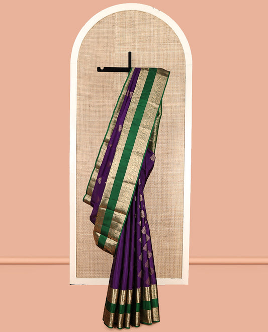 Violet Vasundhara Lite Silk Mix Saree, Woven with Zari Buttas, Complemented by a Contrast Rettai Pettu Kodi Visiry Border, Grand Jaal Pallu, and a Contrast Blouse