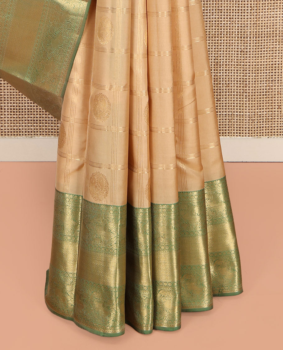 Sandal Vasundhara Lite-Silk Mix Saree, Sparsely Woven with Zari Butta Enclosed Checks, a Contrast Border of Yaali Designs, Grand Pallu, and a Contrast Blouse