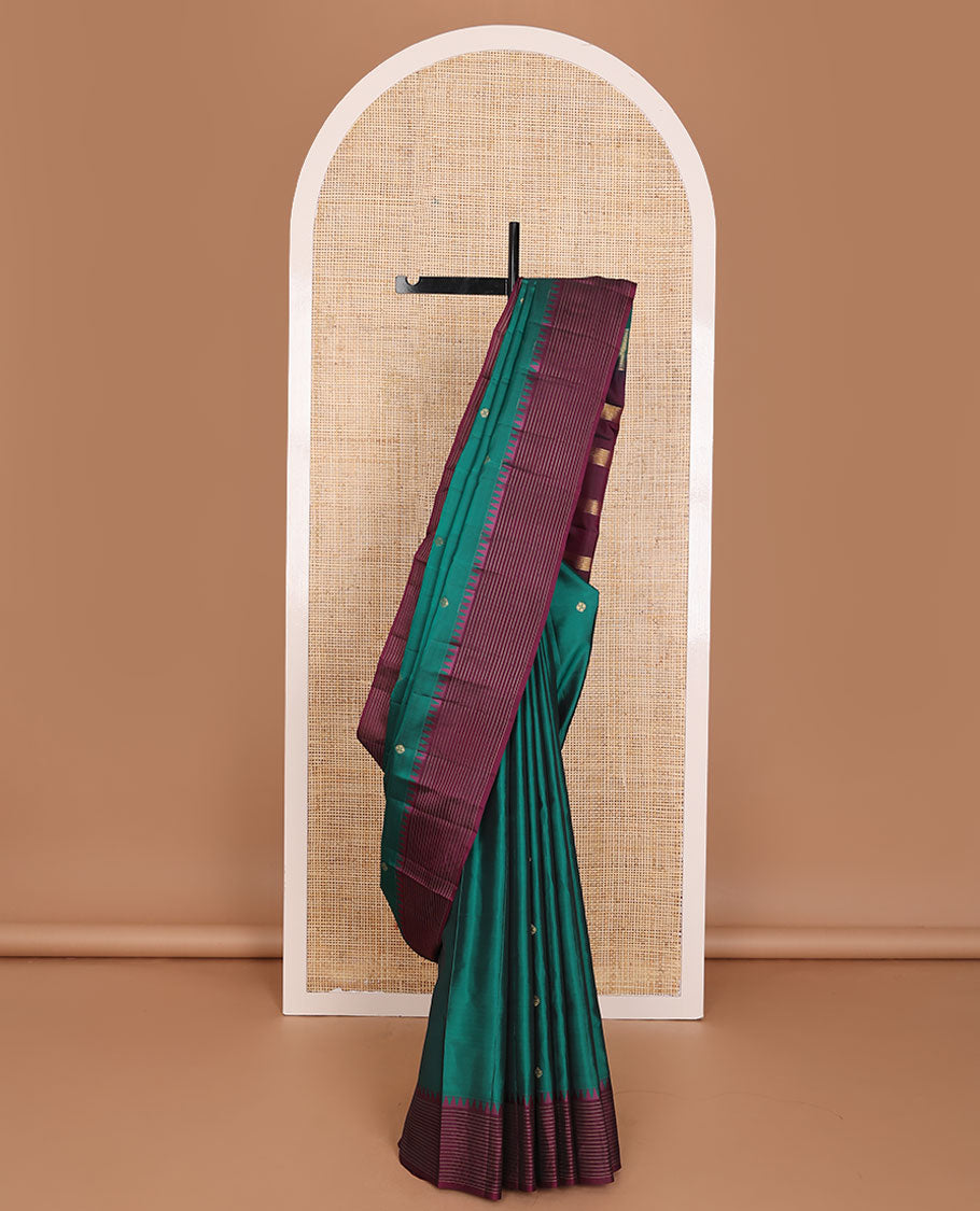 Green zari buttas Vasundhara elite silksaree, contrast border of rekku & strip design & muthu striped pallu