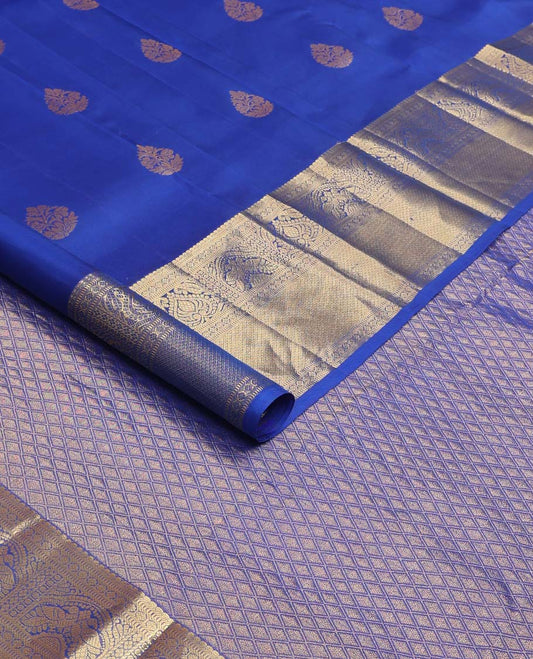 Blue zari buttas Vasundhara silk mix saree, zari border of thilakam, poun, rettai mayil, and mayil kann designs, and jaal pallu